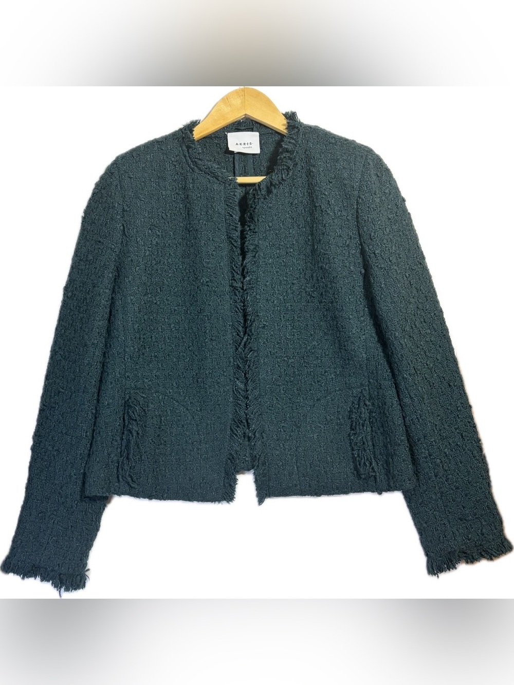 Akris Punto Emerald Green Boucle Tweed Fringe Trim Open Jacket Wool Blend 10